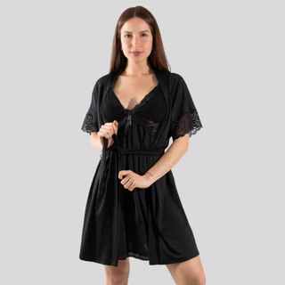Robe feminino preto com renda, complemento para usar por cima da camisola